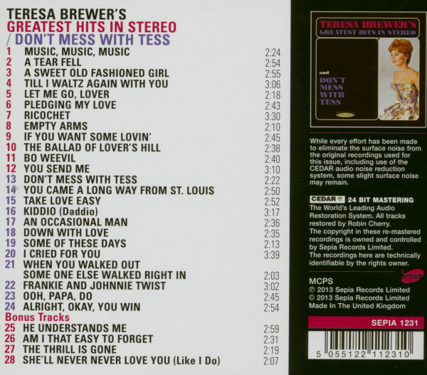Teresa Brewer's Greatest Hits In Stereo And Don't Mess With Tess (CD)
