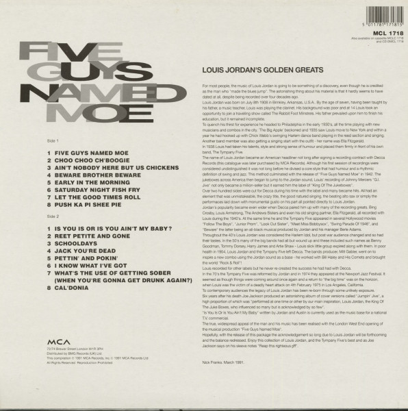 Five Guys Named Moe - Louis Jordan's Golden Greats (LP)