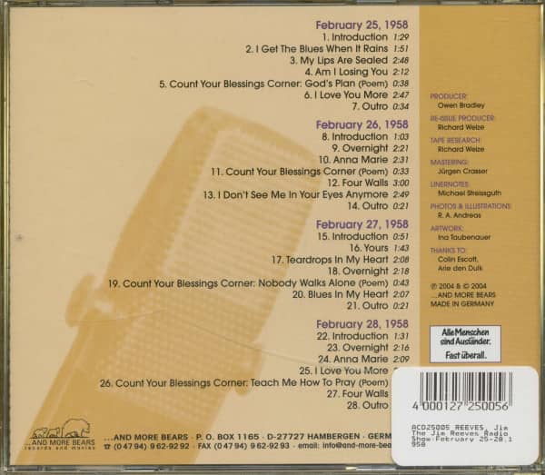 The Jim Reeves Radio Show: February 25-28,1958 (CD)