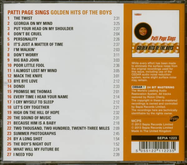 Patti Page Sings Golden Hits Of The Boys (CD)