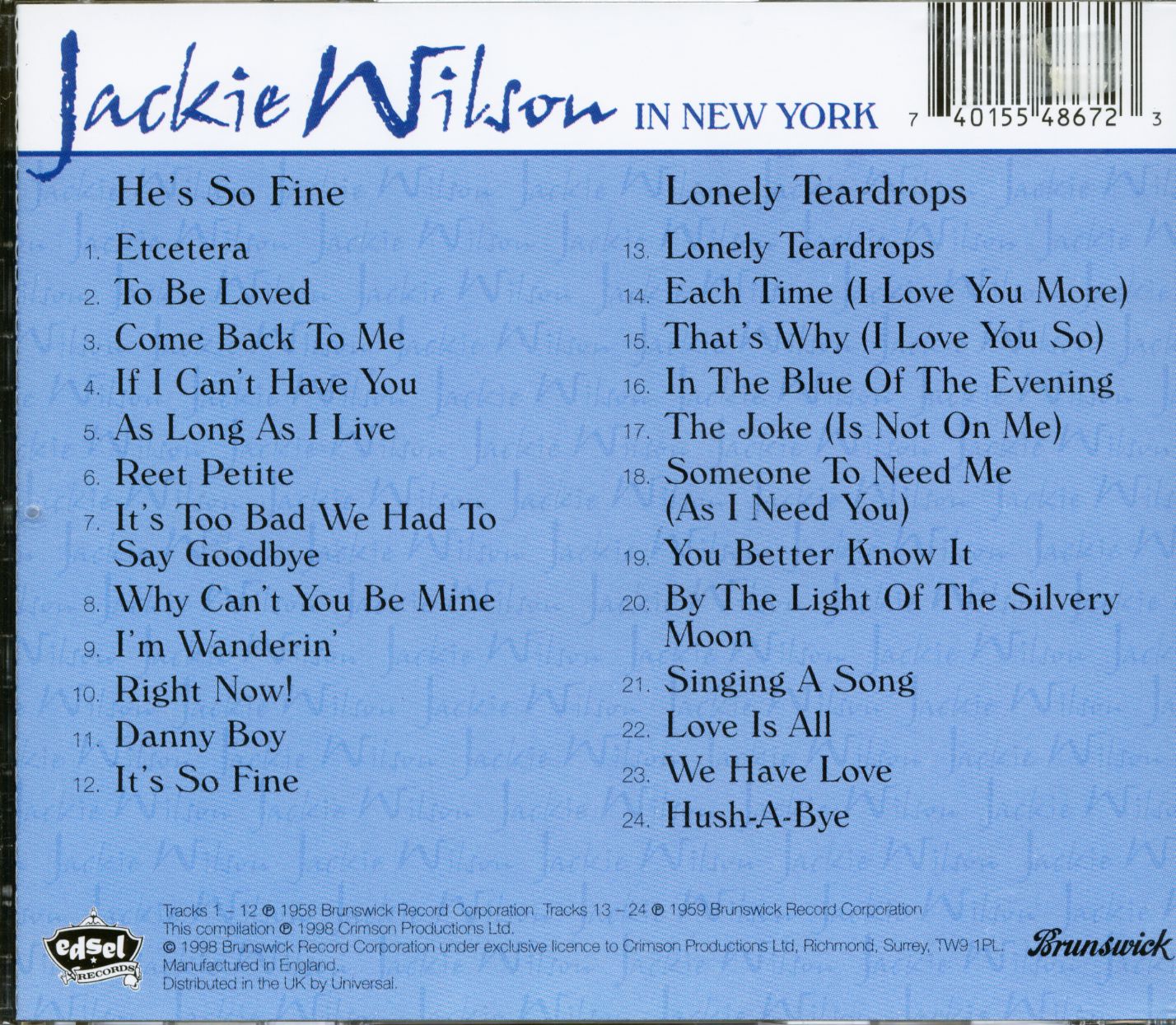 Jackie Wilson CD He's So Fine Lonely Teardrops (CD) Bear Family